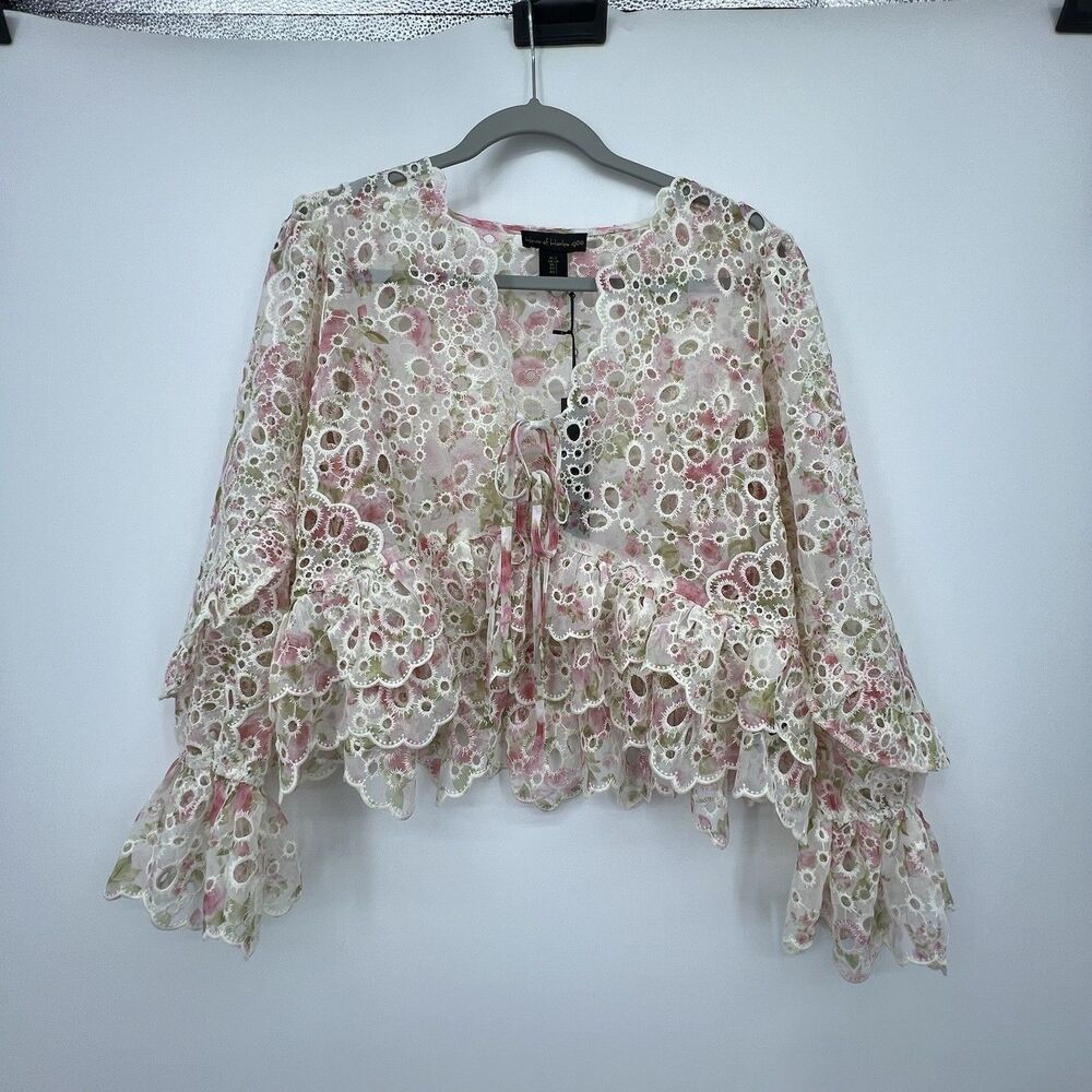 House of Harlow Eyelet Tie Front Top Sz S Bell Sleeves Ruffle Fairy Coquette